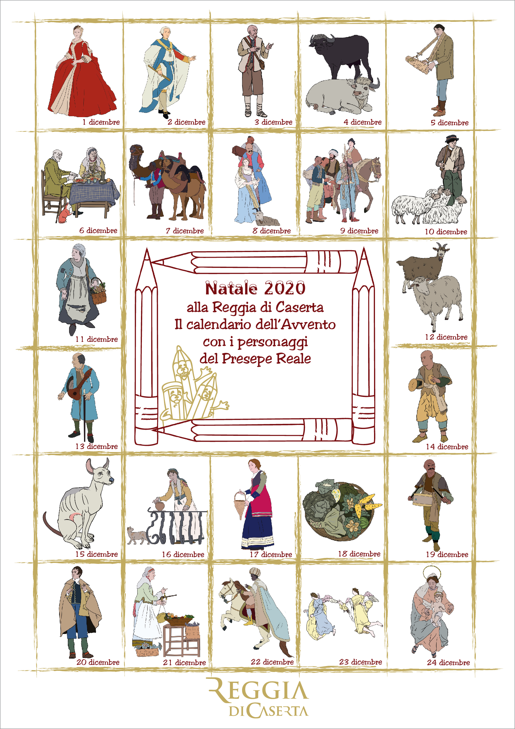 Reggia di Caserta a porte chiuse ma con il cuore spalancato. Il calendario dell'Avvento da colorare con i personaggi del Presepe di Corte